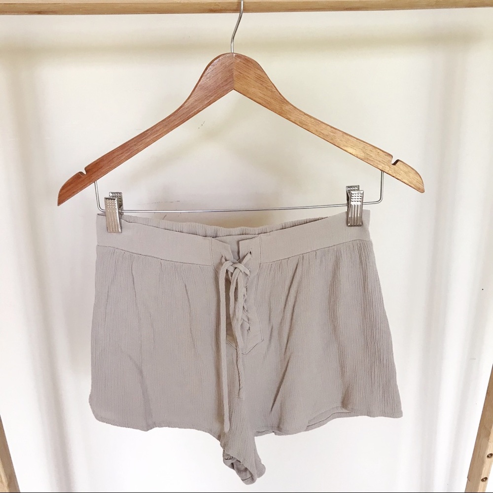 Lace Up Gauze Shorts in Taupe - XS